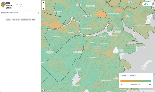 Screenshot of American Forest's Tree Equity Score Explorer overlayed over a map of the city of Boston.